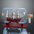 Vintage Ship Model in Glass Bottle with Wooden Base Compass Design and Cork Stopper