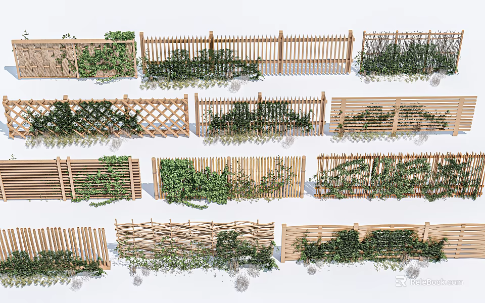 Various Wooden Garden Fence Designs With Climbing Plants And Different Patterns 3d model 