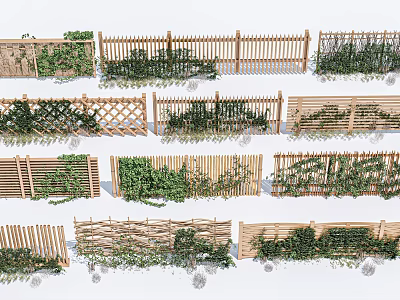 Various Wooden Garden Fence Designs With Climbing Plants And Different Patterns 3d model
