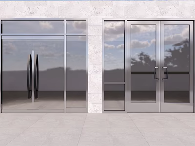 Modern Glass Double Doors with Metal Frame Stone Wall and Sky Reflection for Building Entrance 3d model