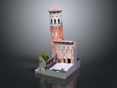 Architectural Building Model Featuring Red Brick Tower Red Roof Base And Structural Details 3d model