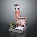Architectural Building Model Featuring Red Brick Tower Red Roof Base And Structural Details 3d model