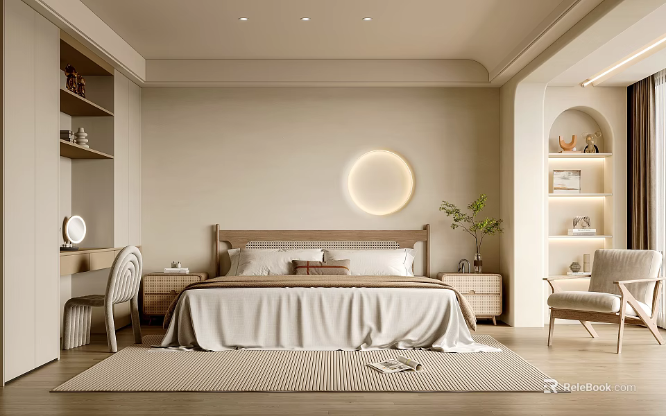 Cozy Modern Bedroom Interior With Bed Round Light Bedside Tables And Wooden Floor 3d model 