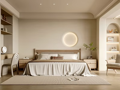 Cozy Modern Bedroom Interior With Bed Round Light Bedside Tables And Wooden Floor 3d model