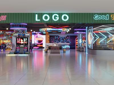 Vibrant Arcade Amusement Area With Neon Lights Gaming Machines Graffiti Signage And Shiny Floor 3d model