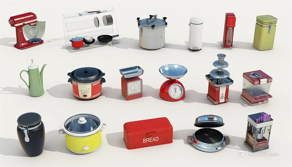 Assorted Kitchen Appliances Featuring Rice Cooker Scale Bread Box Blender and Pots 3d model 