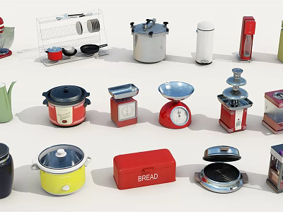 Assorted Kitchen Appliances Featuring Rice Cooker Scale Bread Box Blender and Pots 3d model