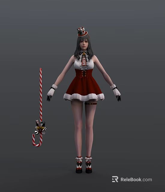 Game and Movie Character in Red and White Christmas Costume Holding Candy Cane 3d model 