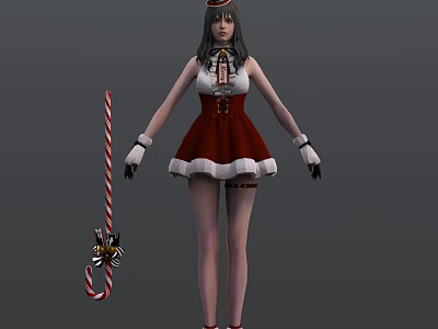Game and Movie Character in Red and White Christmas Costume Holding Candy Cane 3d model