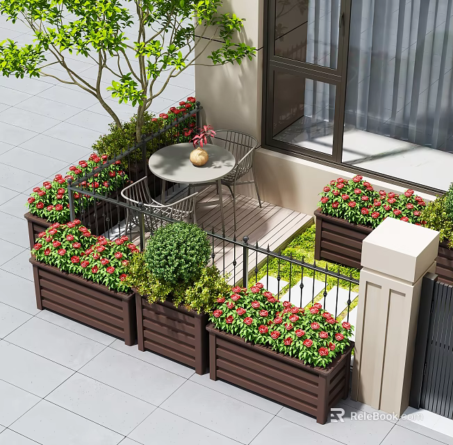 Wooden Garden Planters with Red Flowers Green Shrubs Outdoor Patio Seating Table and Chairs 3d model 