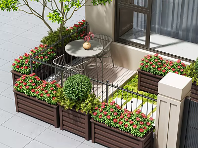 Wooden Garden Planters with Red Flowers Green Shrubs Outdoor Patio Seating Table and Chairs 3d model