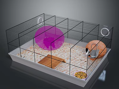 Hamster Cage Setup With Pink Exercise Ball Orange Hideout And Wood Shavings 3d model