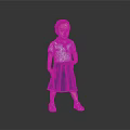Little Girl In White Top And Blue Skirt Standing On Reflective Floor With Gray Background