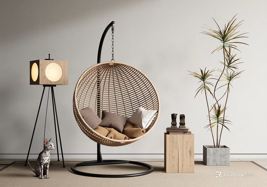 Round Wicker Hanging Chair In Indoor Living With Cat Floor Lamp Plant And Wooden Table 3d model 