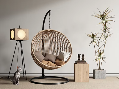 Round Wicker Hanging Chair In Indoor Living With Cat Floor Lamp Plant And Wooden Table 3d model