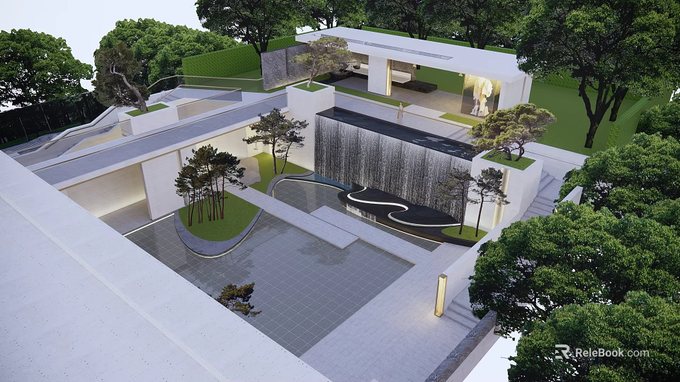 Modern Garden Landscape With Pool Waterfall Trees And Modern Architecture Elements 3d model