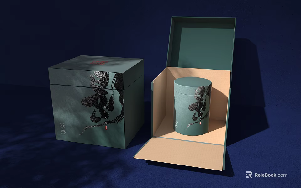 Decorative Ornament Set With Green Boxes Open Box And Cylindrical Container Black Patterns 3d model 