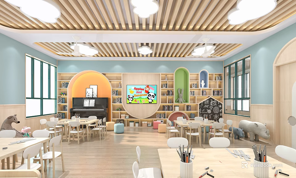 Bright Kindergarten Classroom Interior With Wooden Ceiling Bookshelves Piano And Tables 3d model 
