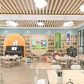 Bright Kindergarten Classroom Interior With Wooden Ceiling Bookshelves Piano And Tables