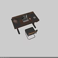 Modern Wooden Desk And Wicker Back Chair Set With Laptop Lamp Coffee Cup