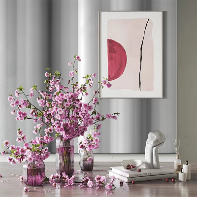 Decorative Ornament Set With Pink Flowers Glass Vases Striped Wall Painting And White Sculpture 3d model