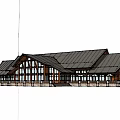 Scenic Wooden Building With Gabled Black Roof Large Windows By Pond And Deck