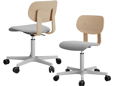 Two Modern Office Chairs With Wooden Backrest Gray Padded Seat And Metal Base Caster Wheels 3d model