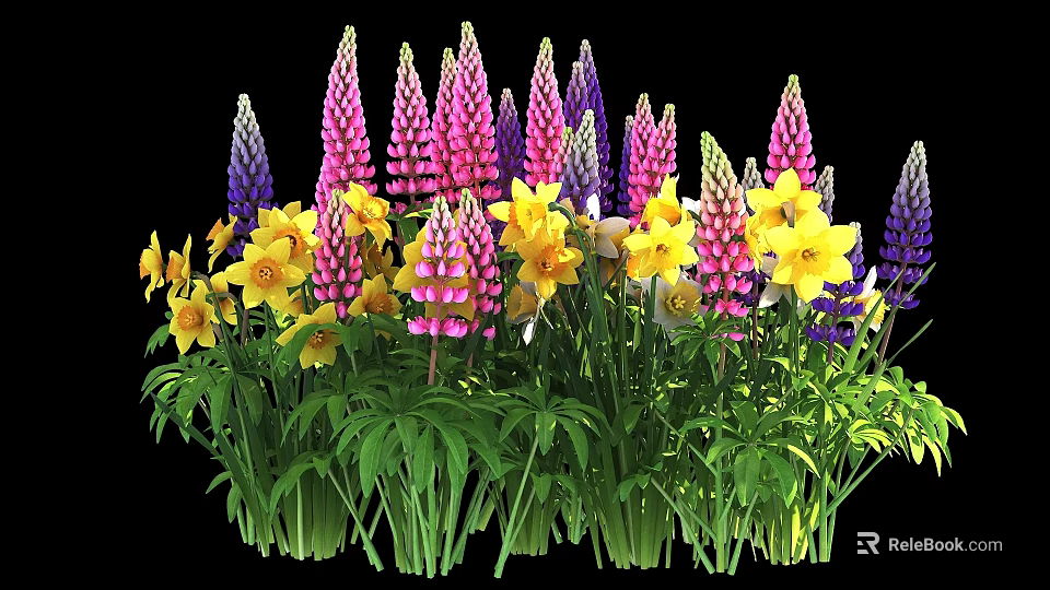 Colorful Garden Flowers Featuring Pink Purple Lupines and Yellow Daffodils with Green Leaves 3d model 