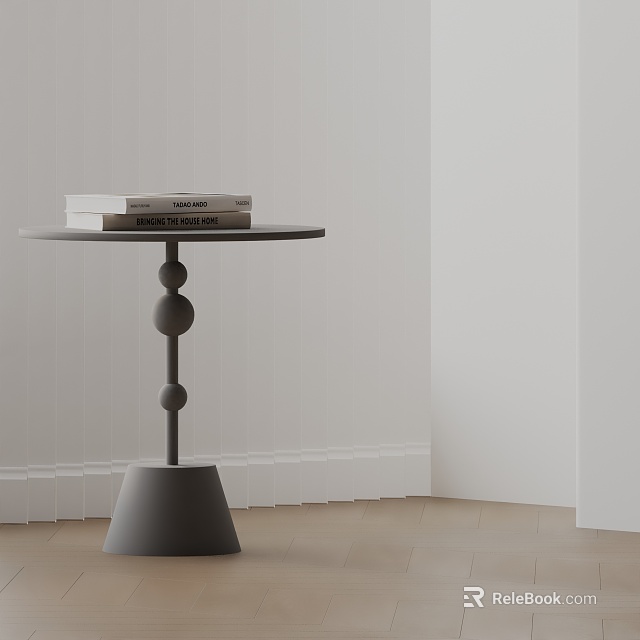 Minimalist Side Table with Round Top Books Spherical Legs Conical Base White Wall Wooden Floor 3d model 