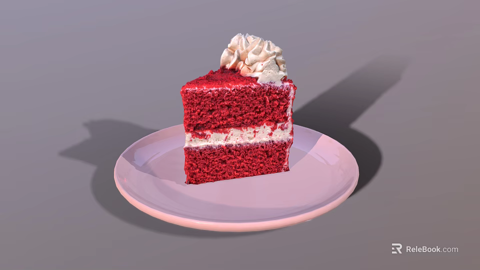 Slice of Red Velvet Cake with Cream Topping on Pink Plate 3d model 