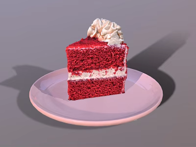 Slice of Red Velvet Cake with Cream Topping on Pink Plate 3d model
