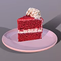 Slice of Red Velvet Cake with Cream Topping on Pink Plate