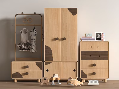 Wooden Cow Pattern Wardrobe With Drawer Cabinets Clothes Rack And Decorative Items 3d model