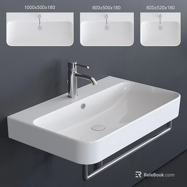 White Wall Mounted Washbasin With Sleek Silver Faucet On Gray Wall And Three White Above 3d model 