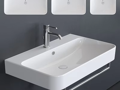 White Wall Mounted Washbasin With Sleek Silver Faucet On Gray Wall And Three White Above 3d model