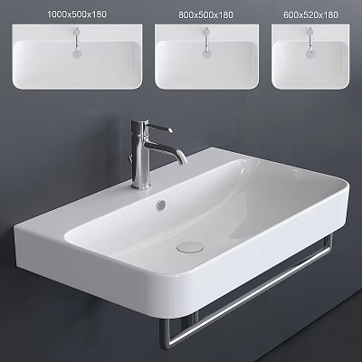 White Wall Mounted Washbasin With Sleek Silver Faucet On Gray Wall And Three White Above 3d model