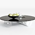 Modern Black Glass Top Coffee Table With Marble Base And Fruit Bowl Pears