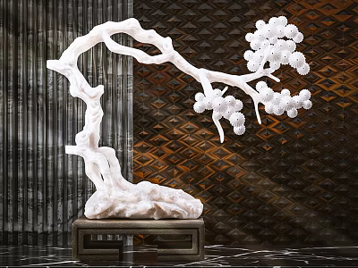Elegant White Branch Shaped Carved Sculpture With Flower Decorations On Dark Base 3d model