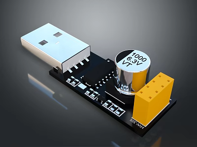 Electronic Circuit Board Module With USB Connector Capacitor And Yellow Terminal 3d model