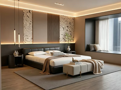 Modern Bedroom Interior With Wall Decor Black Headboard White Bedding Hanging Lights And Window Bench 3d model