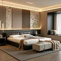 Modern Bedroom Interior With Wall Decor Black Headboard White Bedding Hanging Lights And Window Bench
