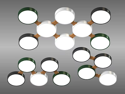 Modern Round Ceiling Lights With Green Silver Black Frames And Wooden Connectors 3d model