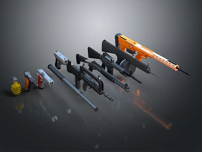 Various Military Weapons Including Rifles Handguns And Grenade Displayed On Dark Surface 3d model