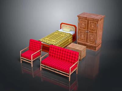 Wooden Bedroom Furniture Set With Bed Red Checkered Chairs Sofa And Cabinet 3d model