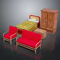 Wooden Bedroom Furniture Set With Bed Red Checkered Chairs Sofa And Cabinet