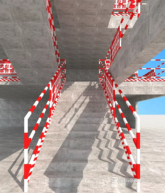 Concrete Stairs With Red And White Railings And Warning Stripes At Construction Site 3d model 