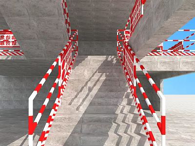 Concrete Stairs With Red And White Railings And Warning Stripes At Construction Site 3d model