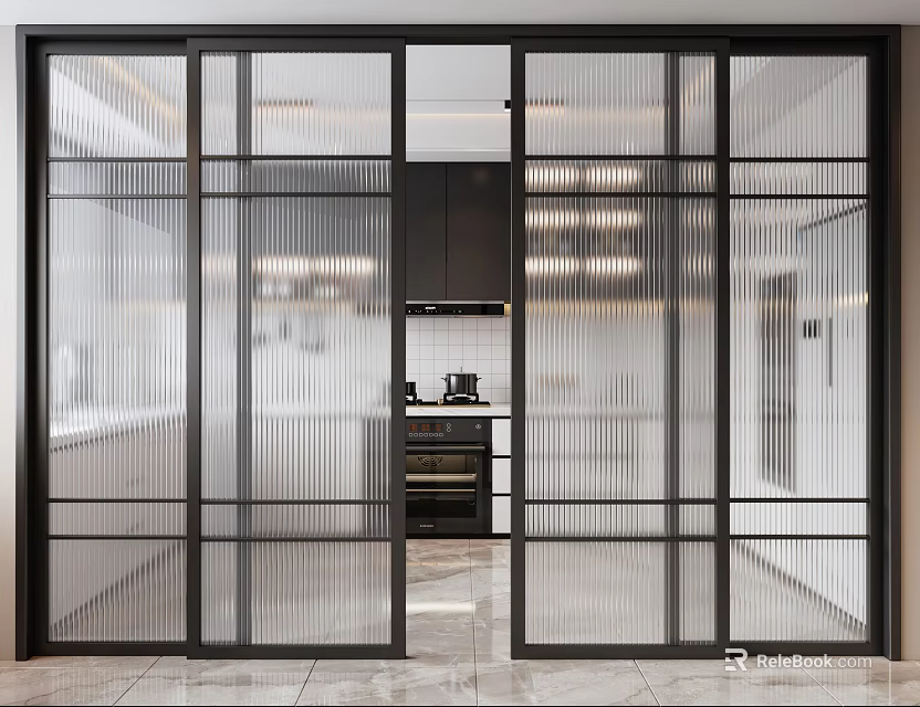 Modern Black Framed Glass Sliding Doors In Kitchen With Cabinets Oven And Countertops 3d model 