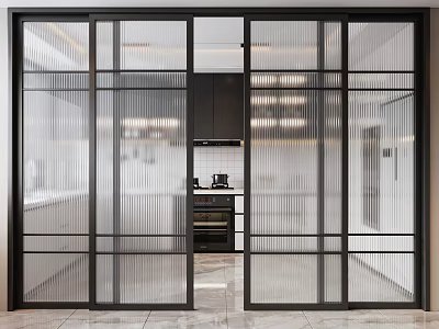 Modern Black Framed Glass Sliding Doors In Kitchen With Cabinets Oven And Countertops 3d model