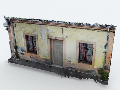 Old Building With Yellow Walls Peeling Paint Two Windows A Door And Weeds On Roof 3d model